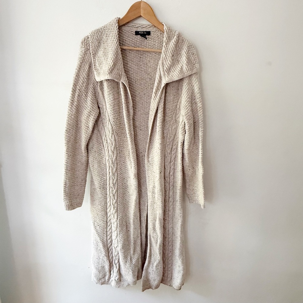 Style & Co Cardigan Womens Large Beige Cable Knit Long Duster Fisherman Cozy